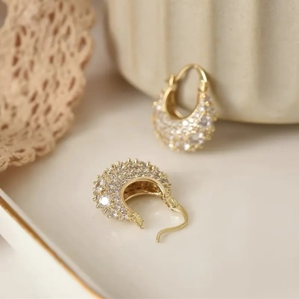 Small CZ Diamond Gold Hoop Earrings PavƩ Huggie Minimalist Sparkle NWT
